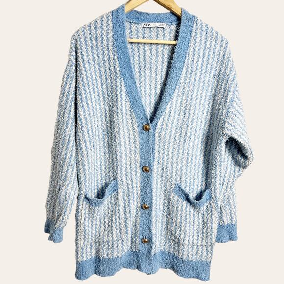 Zara Blue Chunky Oversized Tweed Striped Button Cardigan Sweater Size S - Picture 4 of 10